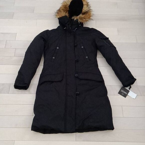 S13 Women's Alaska Faux-Fur-Trim Hooded Down Parka Jacket Black Small - Picture 1 of 11